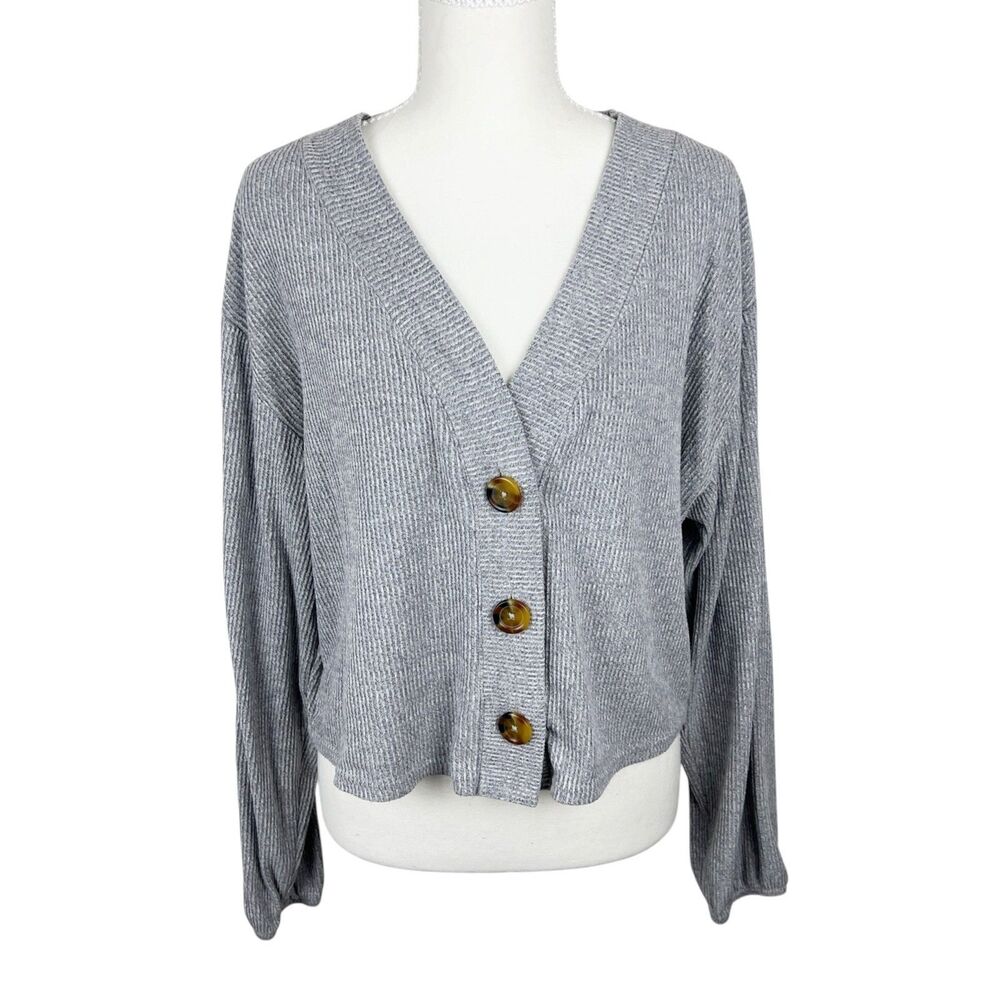 Open Edit Sweater Women Small Gray Ribbed Knit Cropped Button Up Cardigan